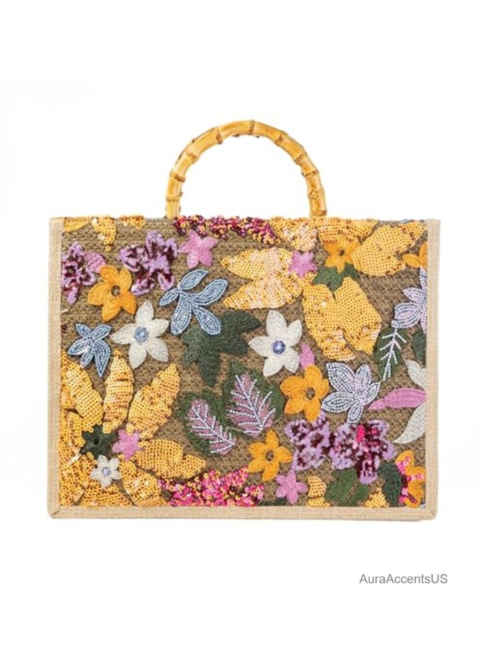 Sequin Floral Embroidered Tote Bag Bamboo Handle Evening Handbag